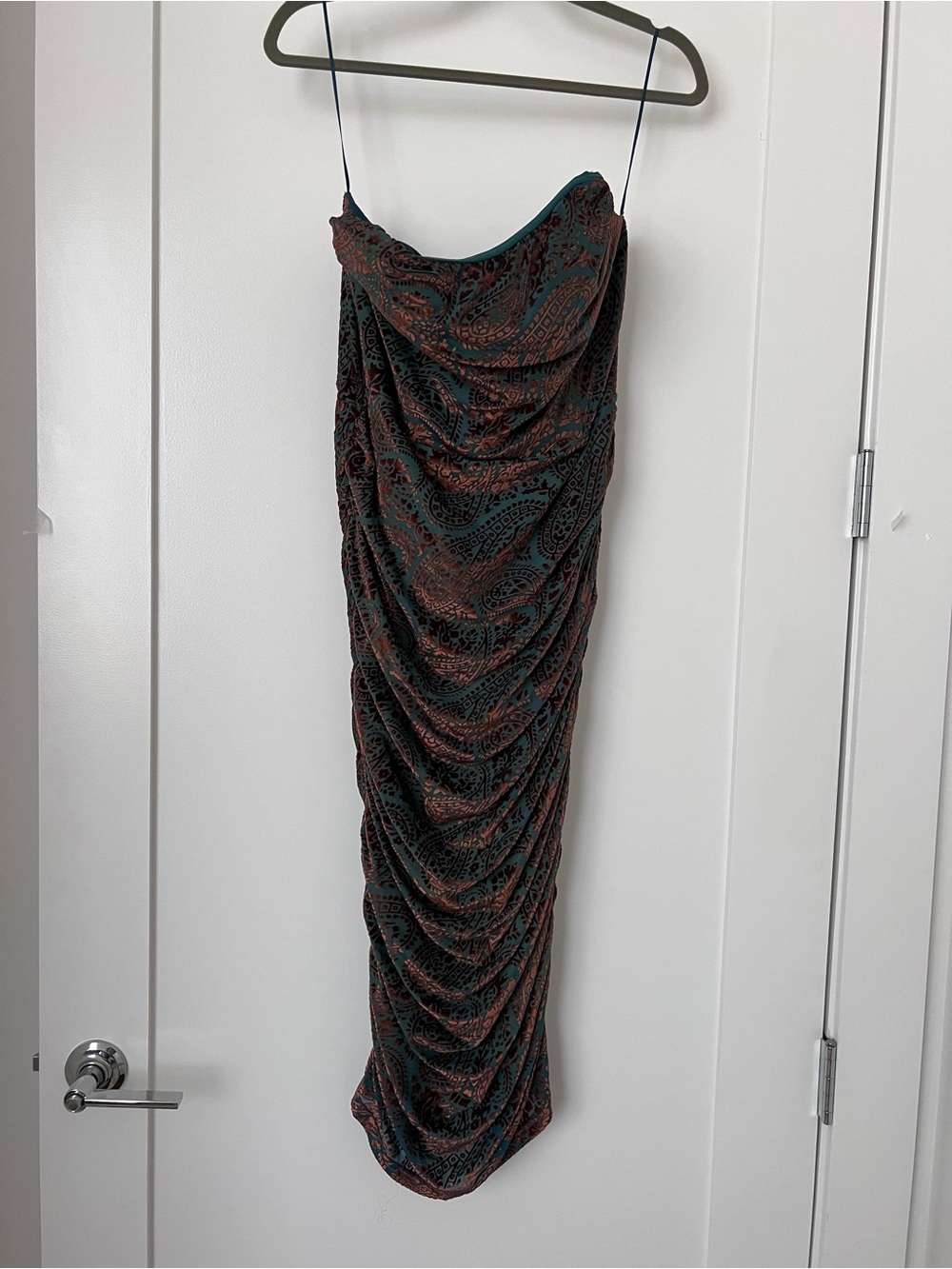 Teal Copper Velvet Burnout Paisley Corset bodice Midi Dress